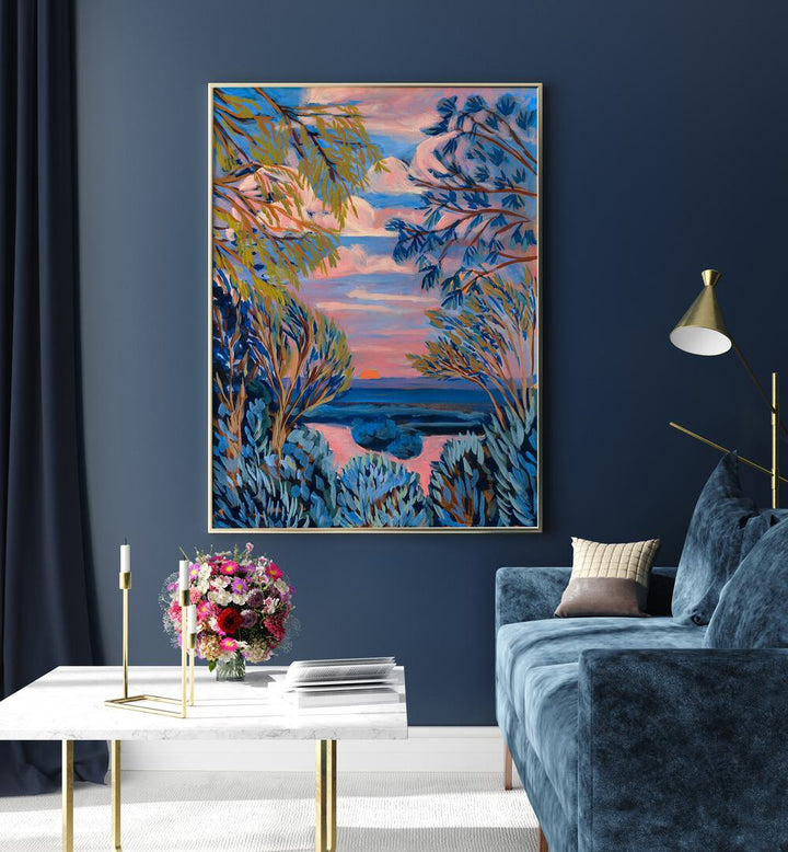 Captivating BLUE TEXAS HILL COUNTRY, LANDSCAPE PAINTINGS by Eleanor Baker adorns a modern living space with vibrant hues.