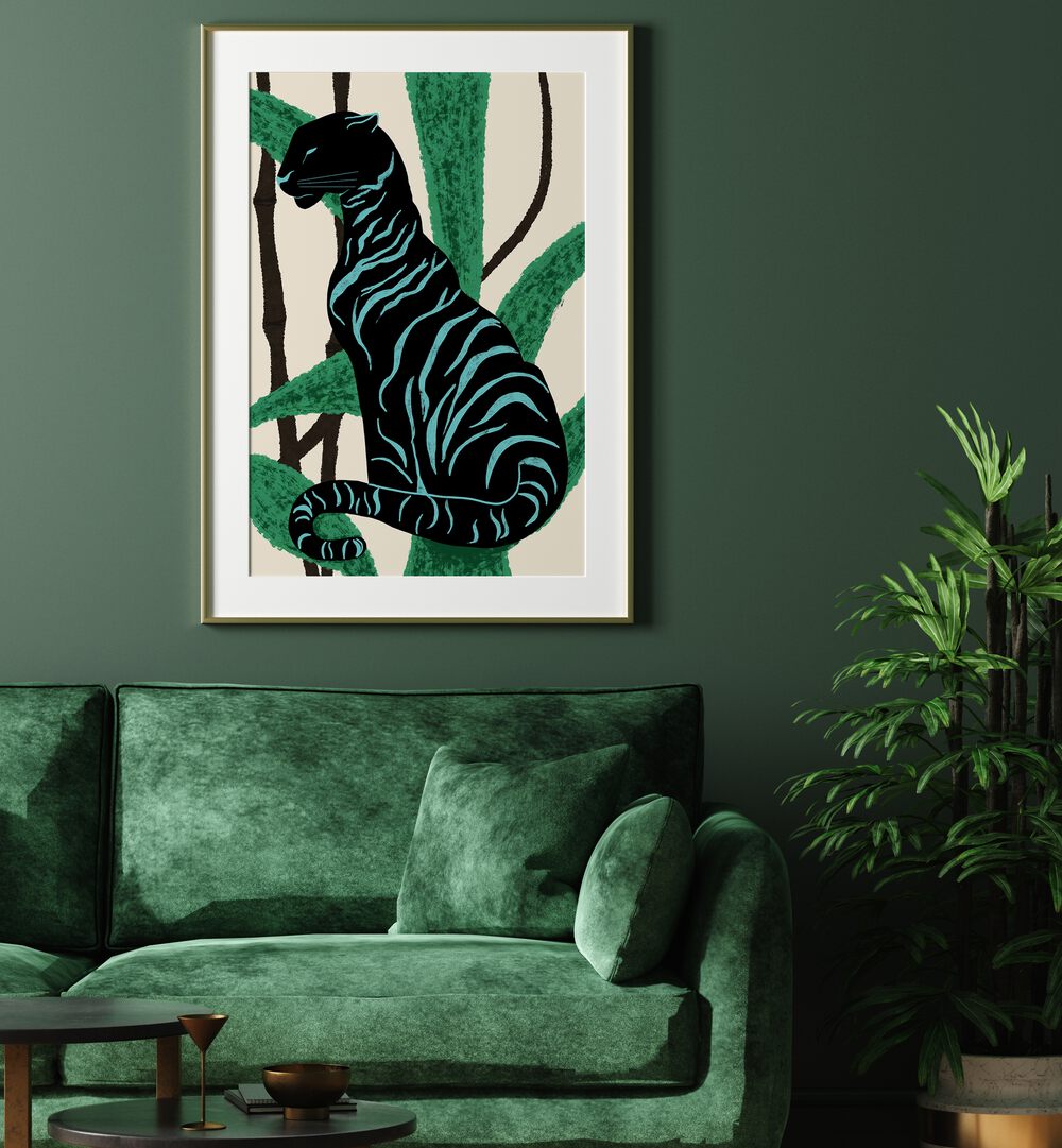 Vibrant BLACK CHARACTER, ANIMAL PAINTINGS featuring a striking black tiger against lush green foliage, perfect for any space.