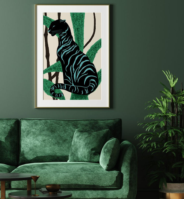 Vibrant BLACK CHARACTER, ANIMAL PAINTINGS featuring a striking black tiger against lush green foliage, perfect for any space.