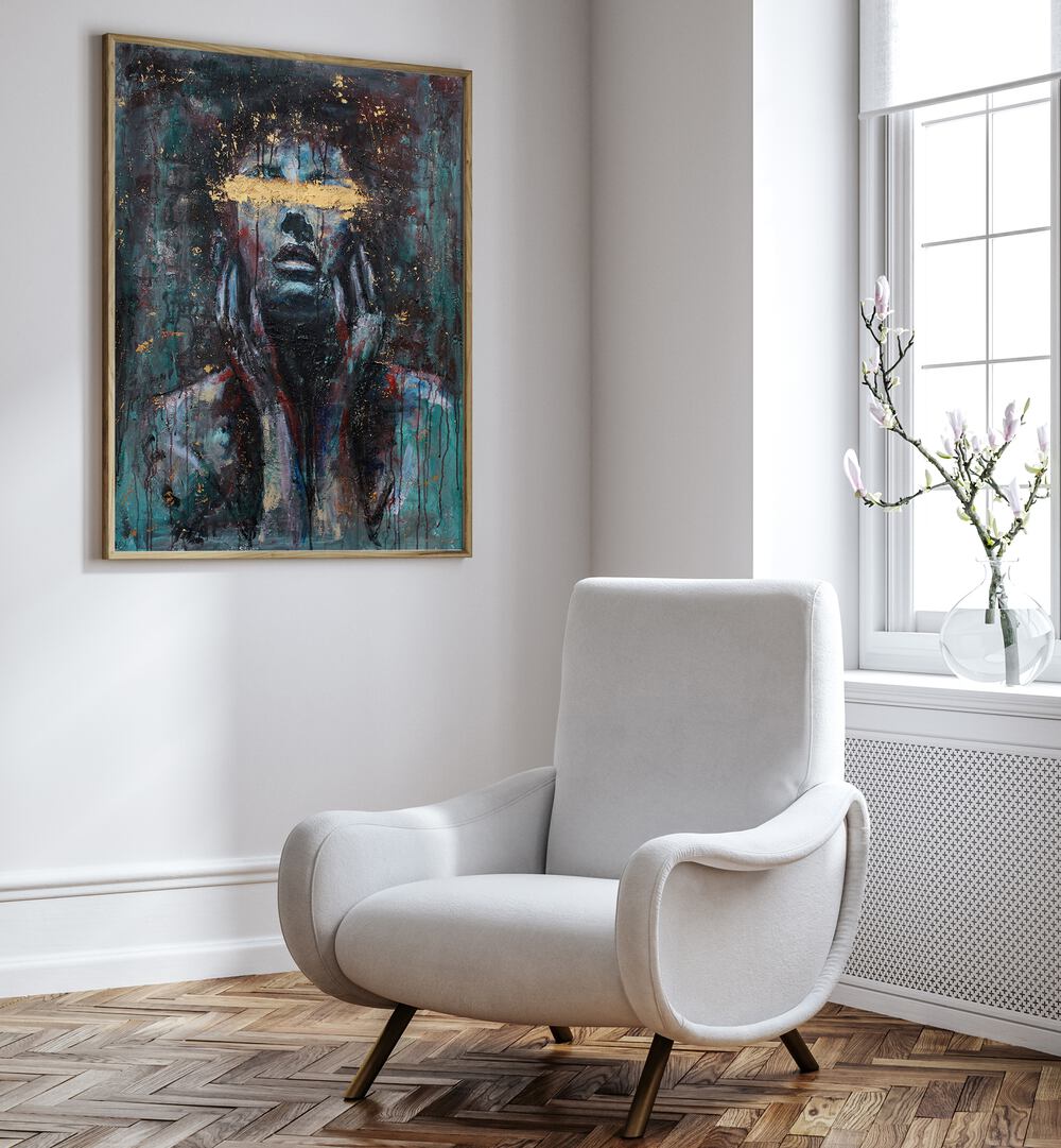 Stunning ENLIGHTENED , PORTRAITS artwork enhances this modern living space, perfect for any art lover's collection.