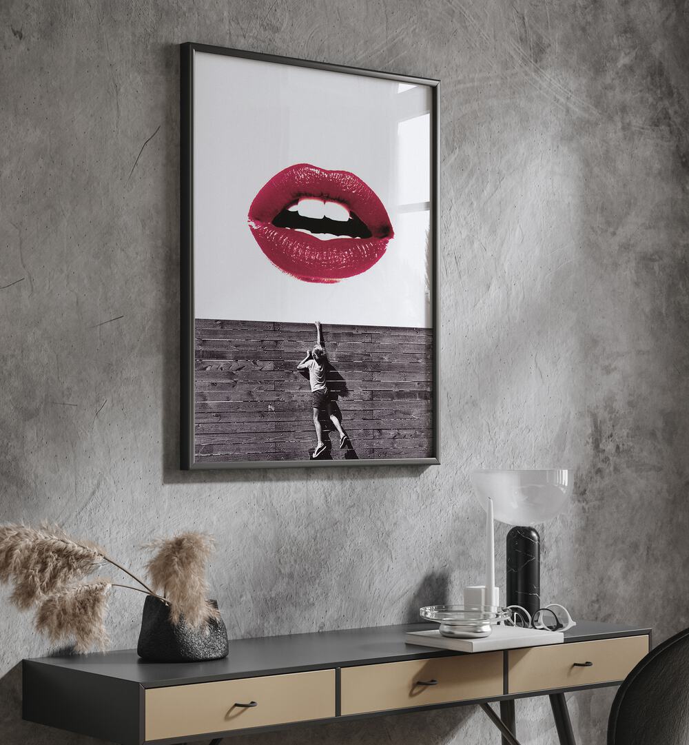 Bold and vibrant CURIOUS LIPS, ALTERED ART PRINTS displayed in a stylish living room setting, perfect for art lovers.