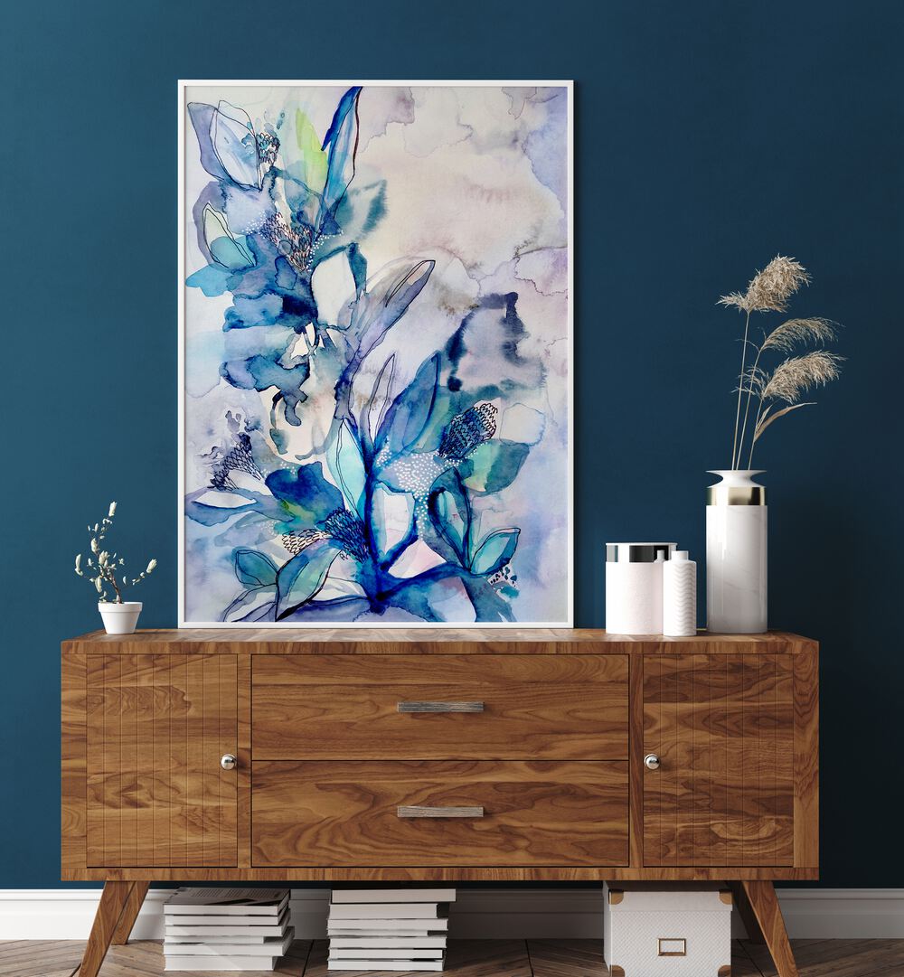 AQUA FLORAL, FLORAL FLOWER PAINTINGS featuring vibrant blue blooms on a stylish wall, perfect for elegant decor.