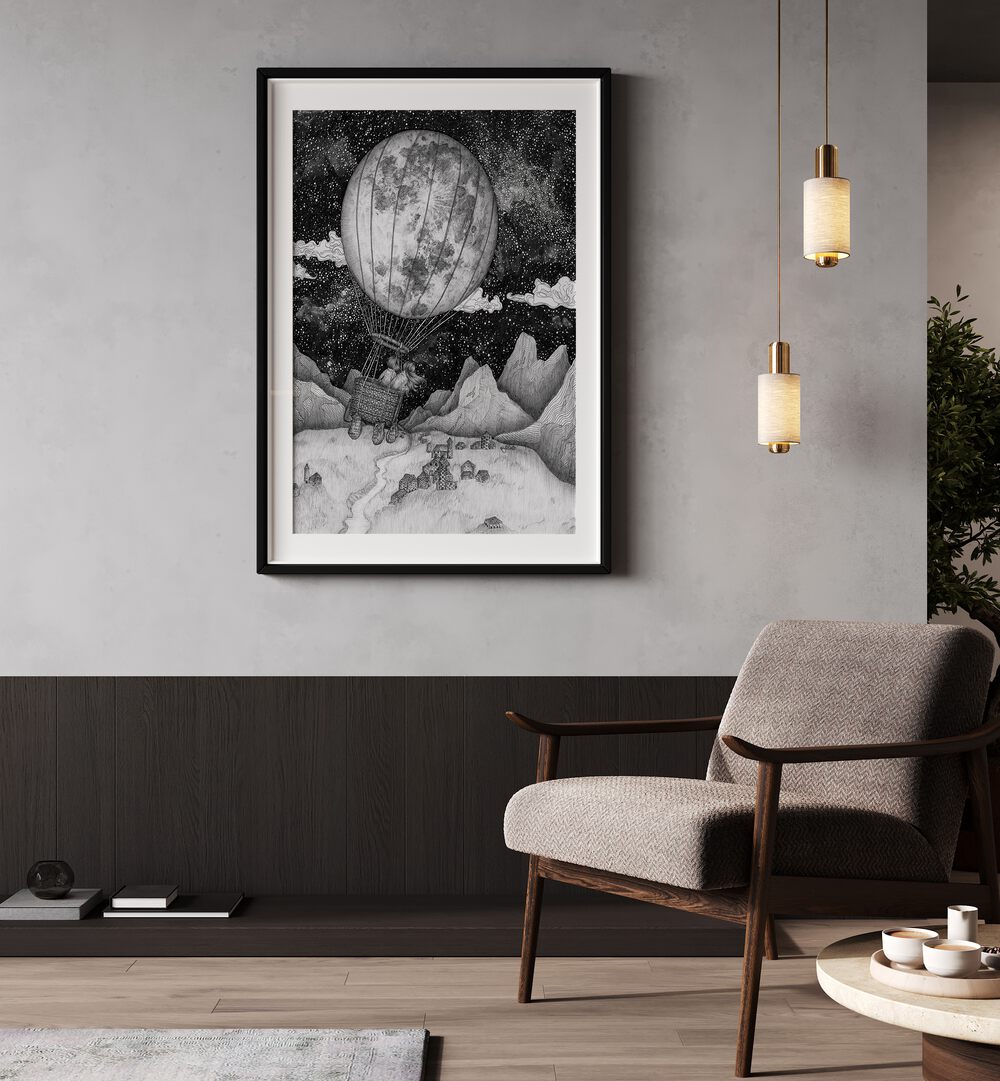Framed MOON BALLOON ORIGINAL, SURREAL ART PRINTS showcasing a whimsical hot air balloon against a starry sky.