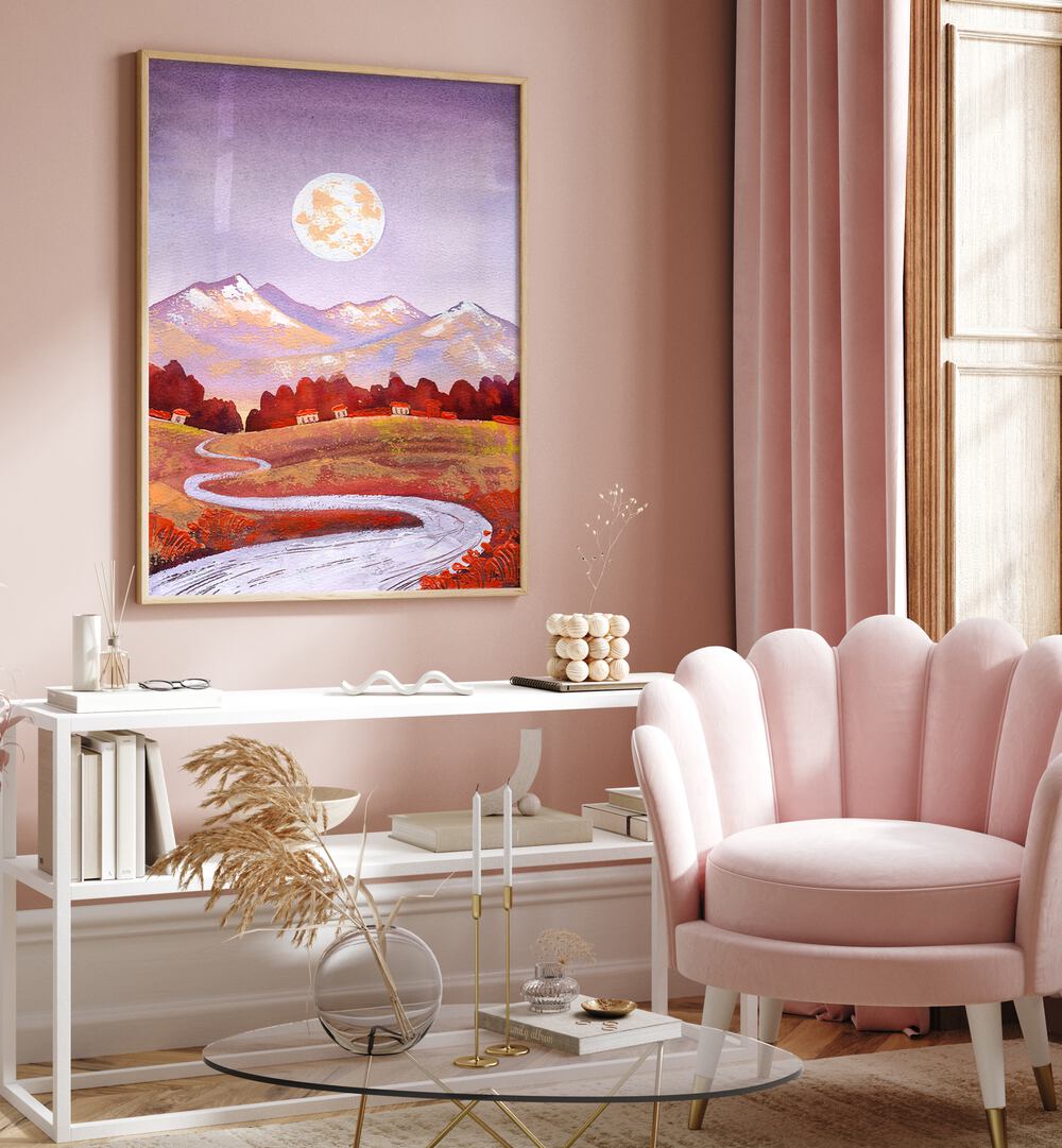 Serene living room featuring FULL MOON PURPLE, LANDSCAPE PAINTINGS, showcasing dreamlike landscapes and a captivating sky.