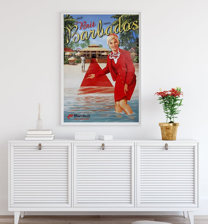 Barbados Vintage Travel Posters showcasing a charming woman in a red dress by the beach, perfect for home decor.
