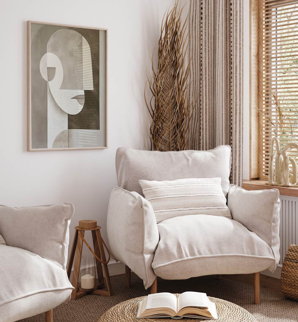 Stylish NEUTRAL PORTRAIT, PORTRAITS artwork enhances the cozy living space with modern elegance and tranquility.