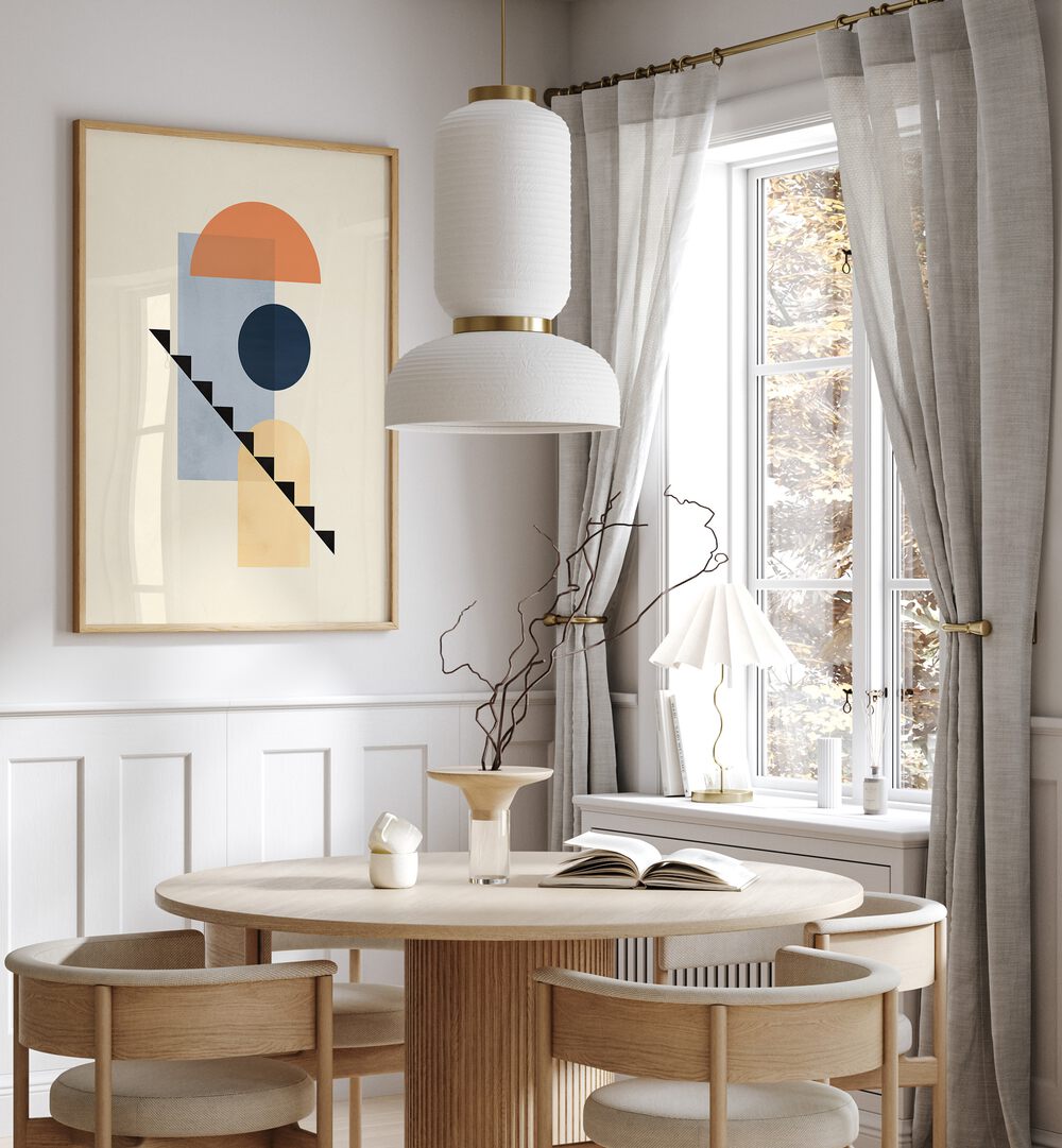 Stylish living room featuring COMPOSITION VI, BOHO ART PAINTINGS, enhancing modern design with geometric elegance.