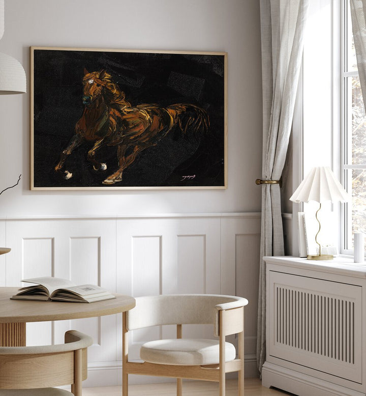 A dynamic portrayal of a brown horse in this stunning animal painting, perfect for any art lover's collection.