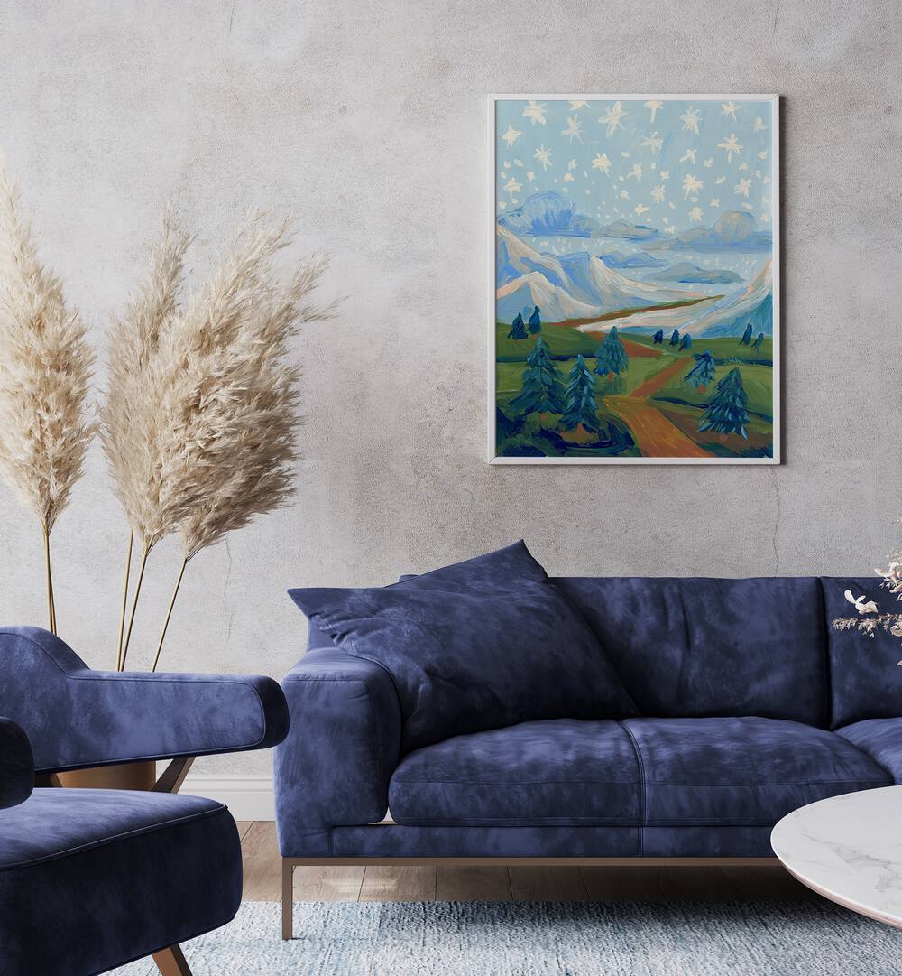 Vibrant WINTER MOUNTAIN LANDSCAPE painting enhancing a modern living space, perfect for LANDSCAPE PAINTINGS enthusiasts.