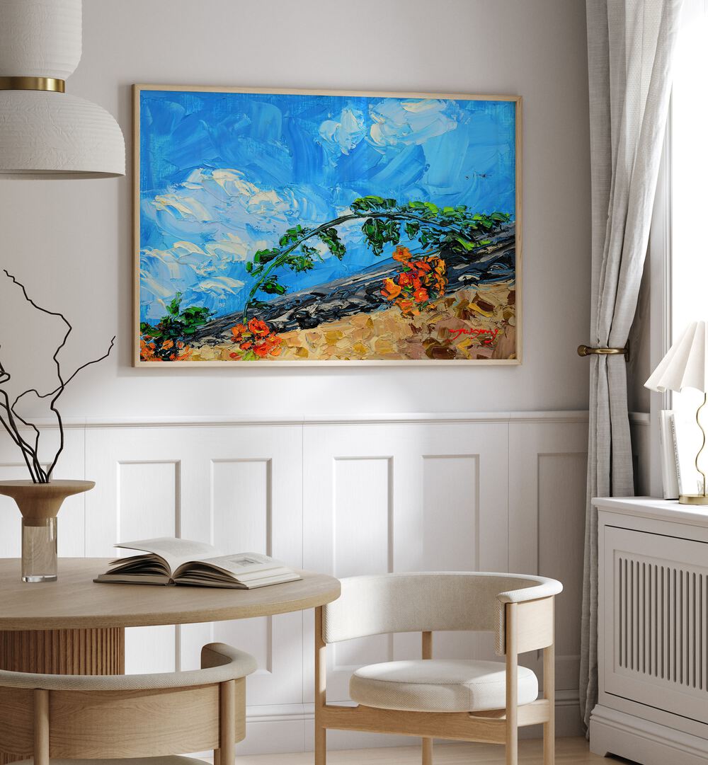 Bright interior featuring JACARANDA CANVAS, FLORAL FLOWER PAINTINGS, enhancing the space with vibrant colors.