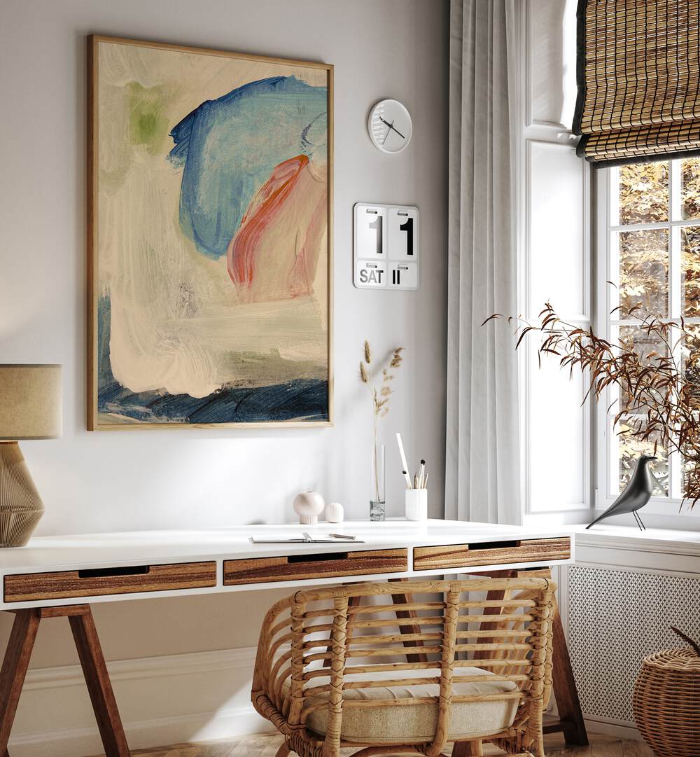 Beautiful GENTLE BRUSHSTROKES, ABSTRACT PAINTINGS enhance a modern workspace with calming colors and elegant design.