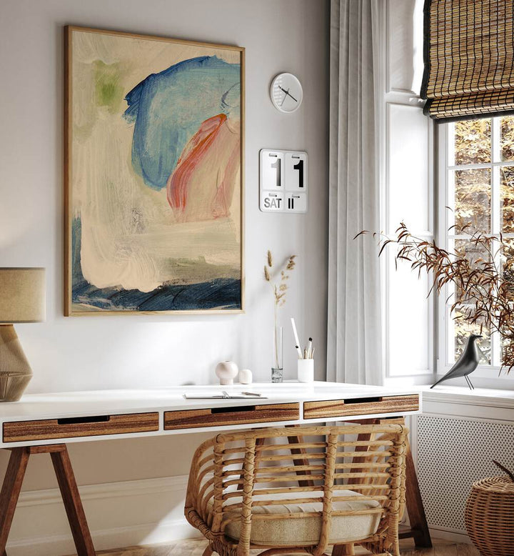 Beautiful GENTLE BRUSHSTROKES, ABSTRACT PAINTINGS enhance a modern workspace with calming colors and elegant design.