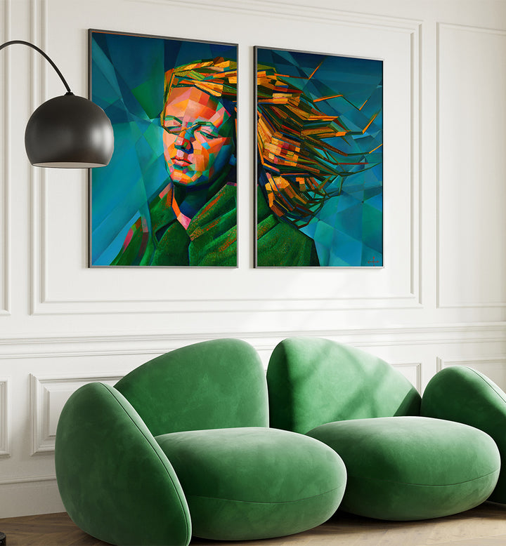 Modern green sofa in a room with abstract art on the wall