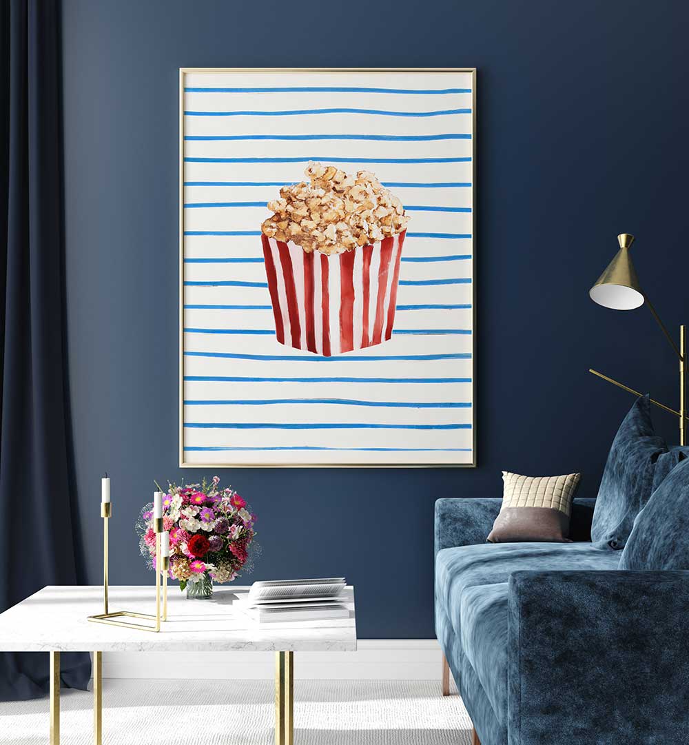 POPCORN TIME , BAR artwork with red-striped popcorn container on blue-striped background in modern living room decor