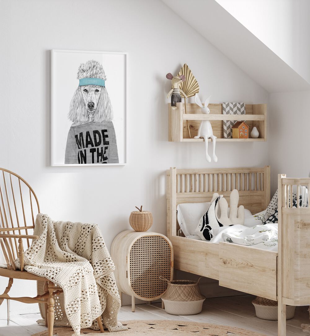 80s Bitch By Balazs Solti Wildlife Art Prints in White Plain Frame placed on a White Colored Wall in the Kids Room