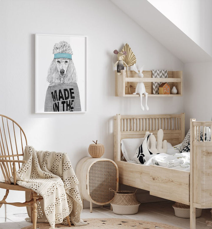 80s Bitch By Balazs Solti Wildlife Art Prints in White Plain Frame placed on a White Colored Wall in the Kids Room