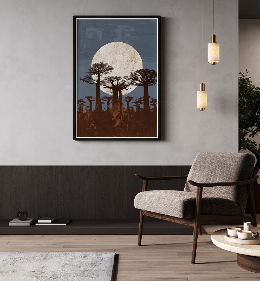 Stunning ONYESHA ODILI, AFRICAN ART PAINTINGS showcasing elegance with baobab trees and a full moon backdrop.
