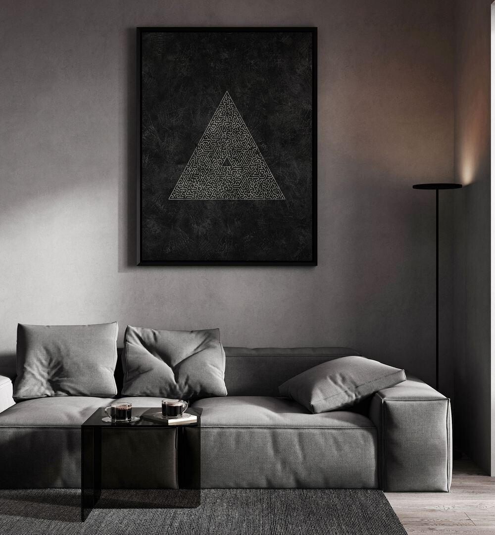 Stylish living room featuring the PYRAMID MAZE ESCAPE, GEOMETRIC ART PRINTS, enhancing contemporary design aesthetics.