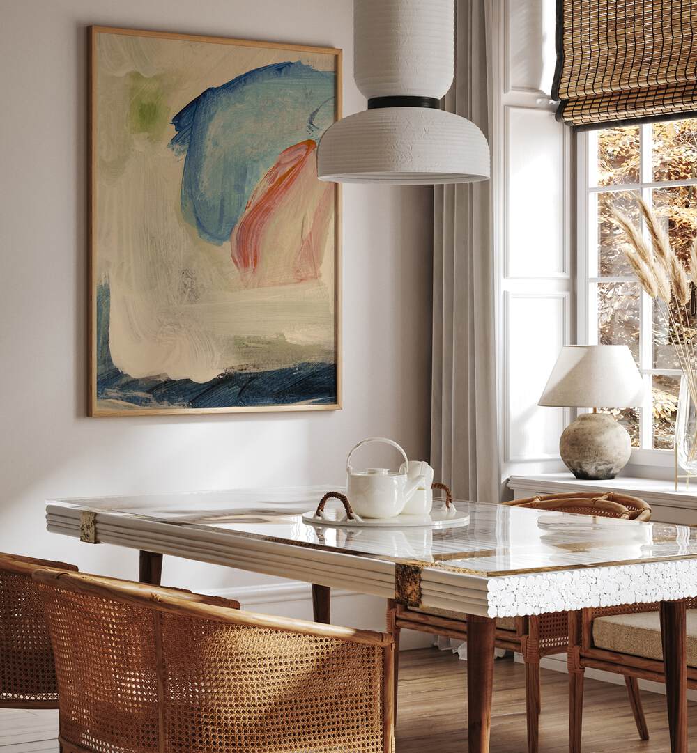 Elegant dining space featuring GENTLE BRUSHSTROKES, ABSTRACT PAINTINGS to enhance modern decor. Perfect for any home.