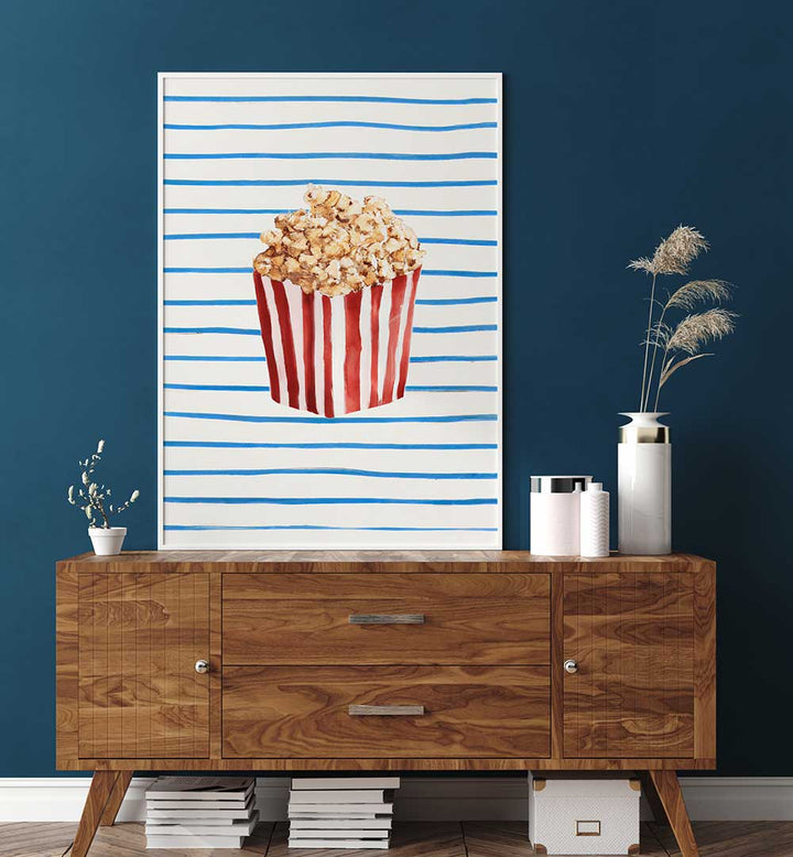 POPCORN TIME , BAR vibrant artwork with popcorn bucket on blue striped background above wooden console table