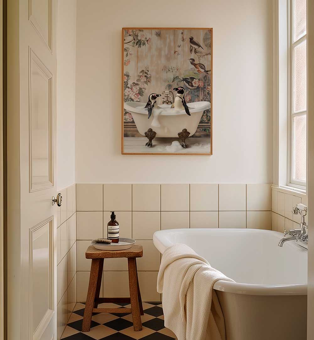 PENGUIN PALS IN A BUBBLE BATH , BATHROOM ART PRINTS