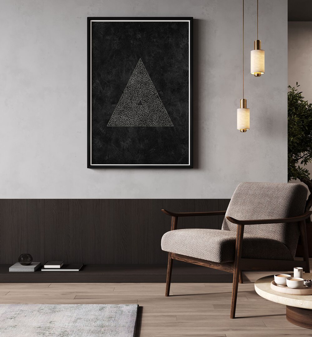 Stylish living room featuring the PYRAMID MAZE ESCAPE, GEOMETRIC ART PRINTS, perfect for modern design enthusiasts.