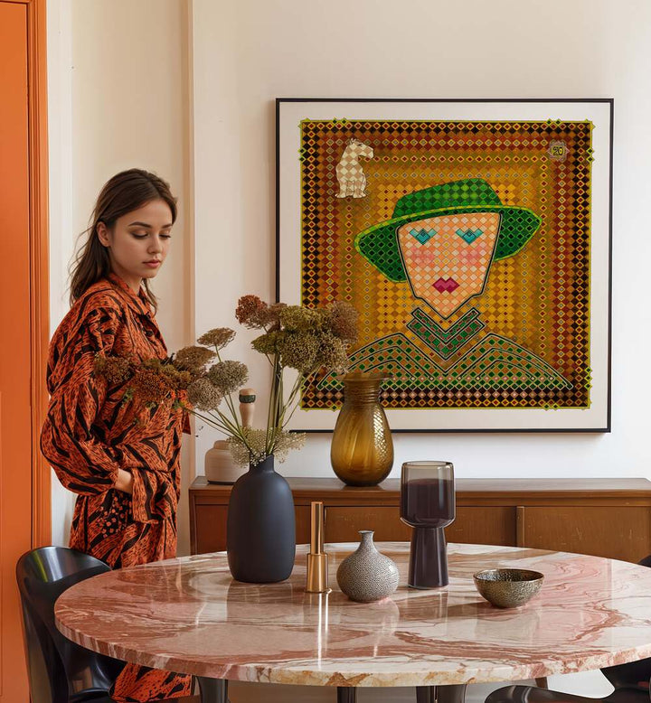Stylish room featuring MRS EISENBERG, PORTRAITS artwork, complemented by elegant decor and vibrant floral arrangements.