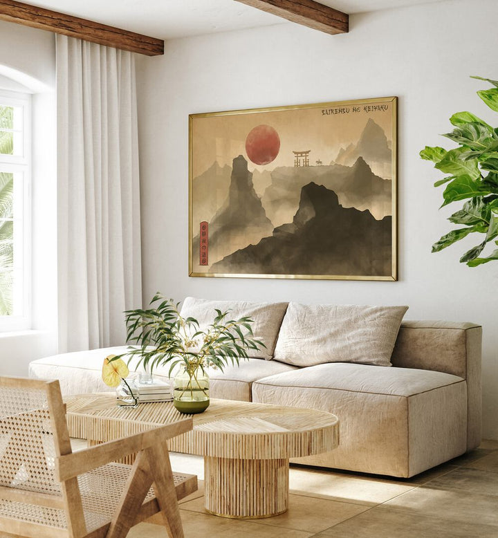Stylish living room featuring the PACT OF SILENCE, JAPANESE PAINTINGS, enhancing tranquility and serenity.