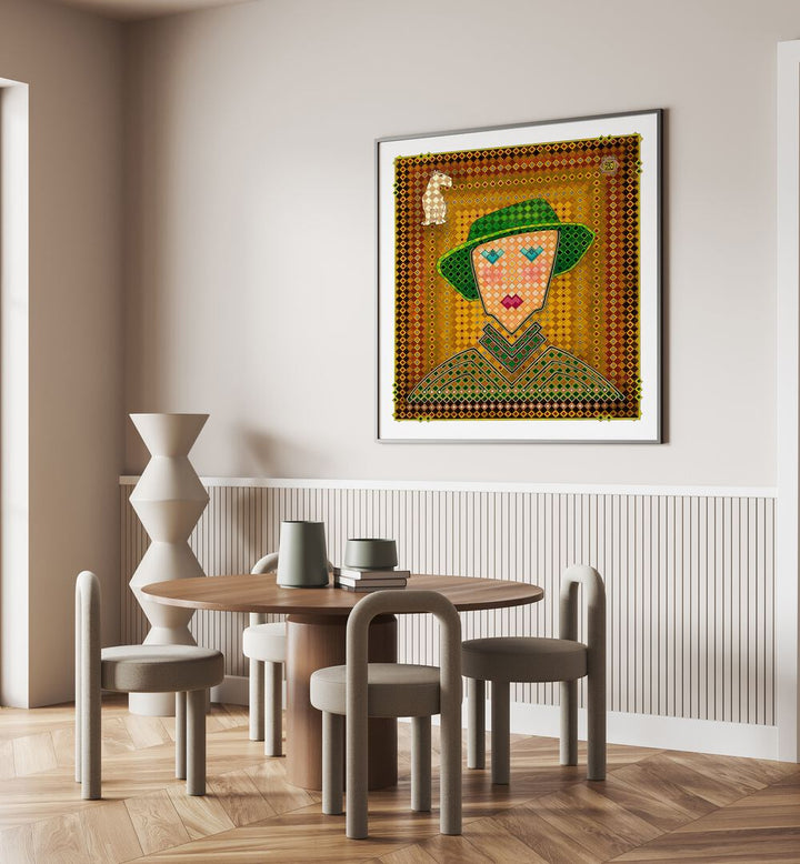 Colorful MRS EISENBERG, PORTRAITS artwork displayed in a modern dining space, enhancing interior design elegance.