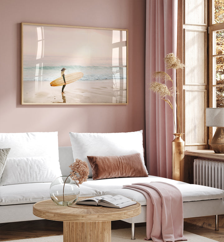 Stylish SURFER COWGIRL, BEACH PAINTINGS adorn a cozy room, blending beach vibes with western charm perfectly.