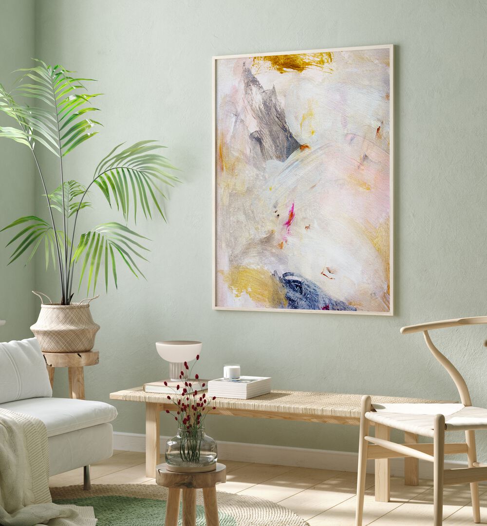Stylish living room featuring GRACE I, ABSTRACT PAINTINGS, adding a touch of elegance and color to the decor.
