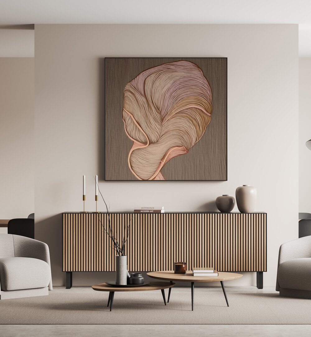 Elegant FLORA II, ABSTRACT PAINTINGS showcased in a modern living room, enhancing stylish decor and ambiance.