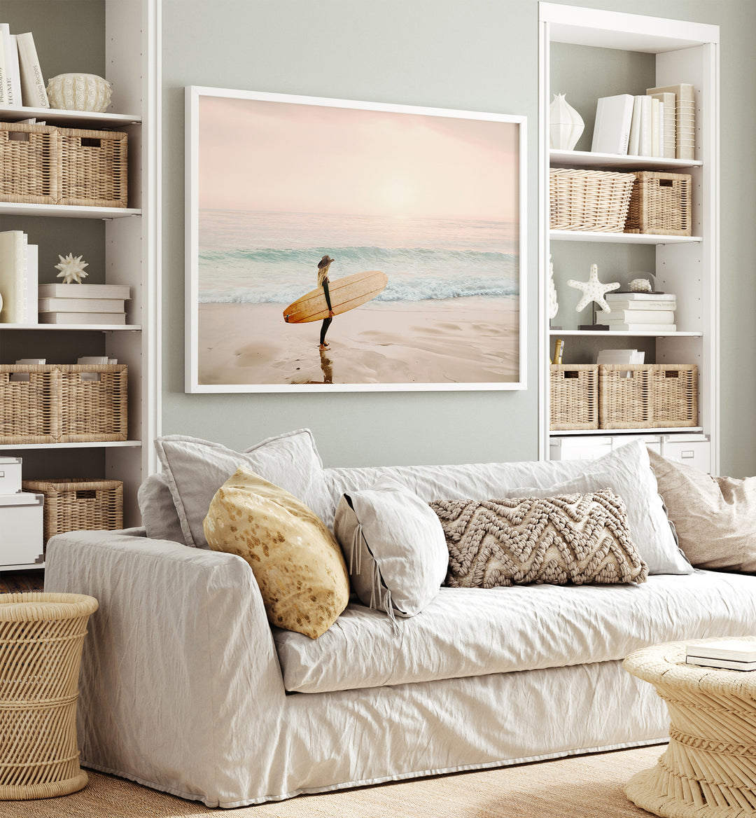 Surfer Cowgirl, Beach Paintings showcase a stunning beach scene, blending surf culture with western charm.