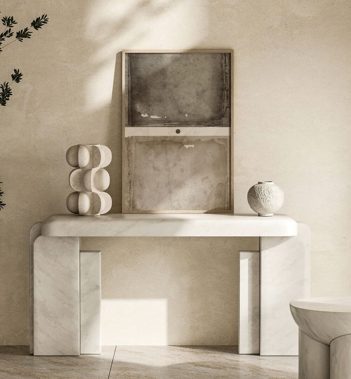 RUSTED TRANQUILITY, GEOMETRIC ART PRINTS displayed on a sleek marble console, showcasing modern artistic elegance.