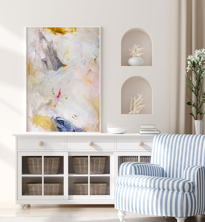Bright and elegant GRACE I, ABSTRACT PAINTINGS displayed in a stylish living room setting, enhancing modern decor.