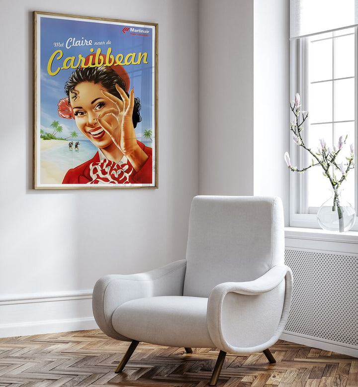Bright and inviting CARIBBEAN, VINTAGE TRAVEL POSTERS adorn a stylish room, evoking tropical paradise vibes.