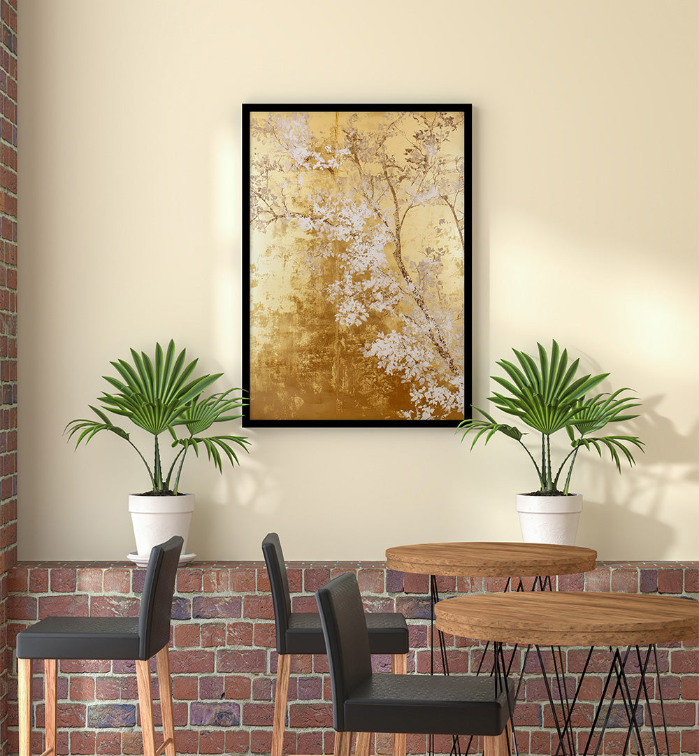 WHITE AND GOLD NATURE LANDSCAPE IV , FLORAL FLOWER PAINTINGS