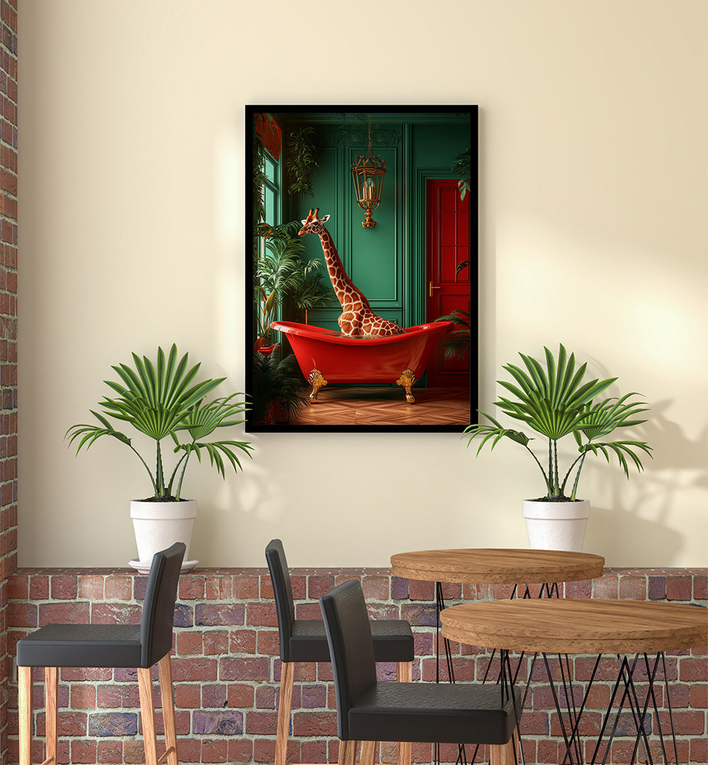 GIRAFFE IN THE BATHTUB TROPICAL ANIMALS , BATHROOM ART PRINTS