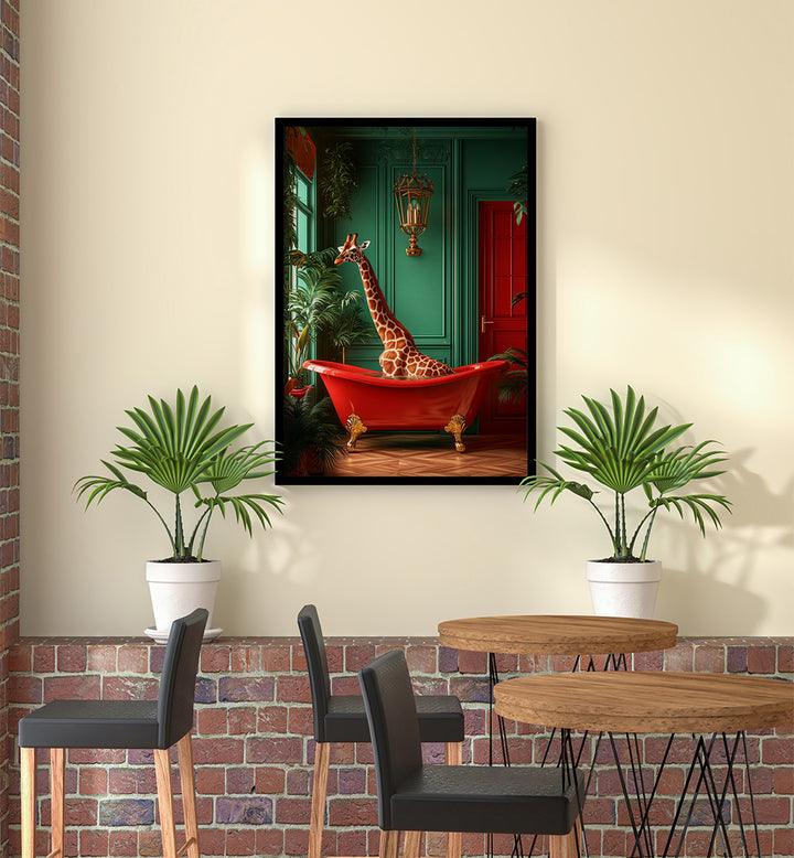 GIRAFFE IN THE BATHTUB TROPICAL ANIMALS , BATHROOM ART PRINTS