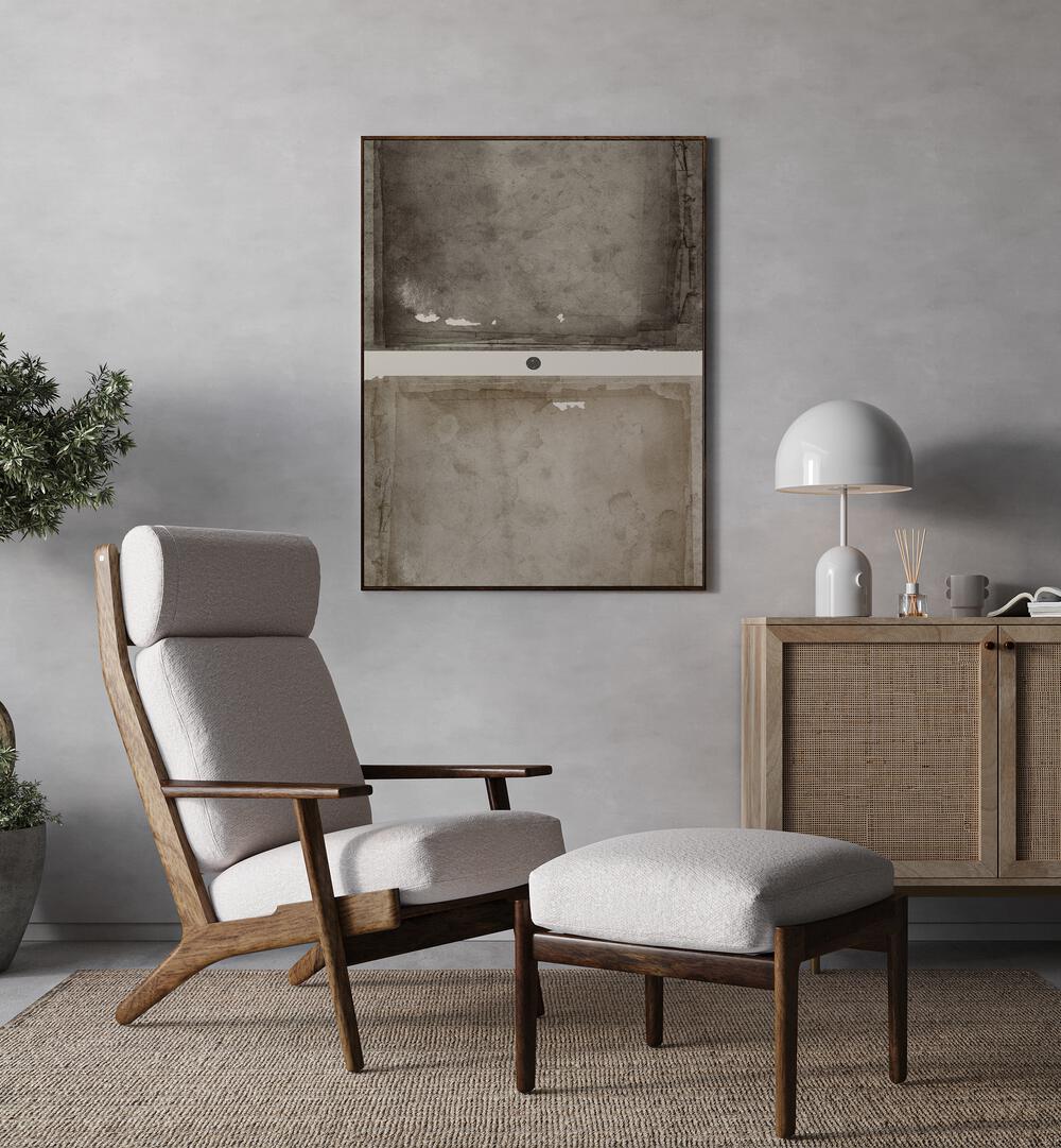 RUSTED TRANQUILITY, GEOMETRIC ART PRINTS showcased in a stylish living room, blending modern design with sophistication.