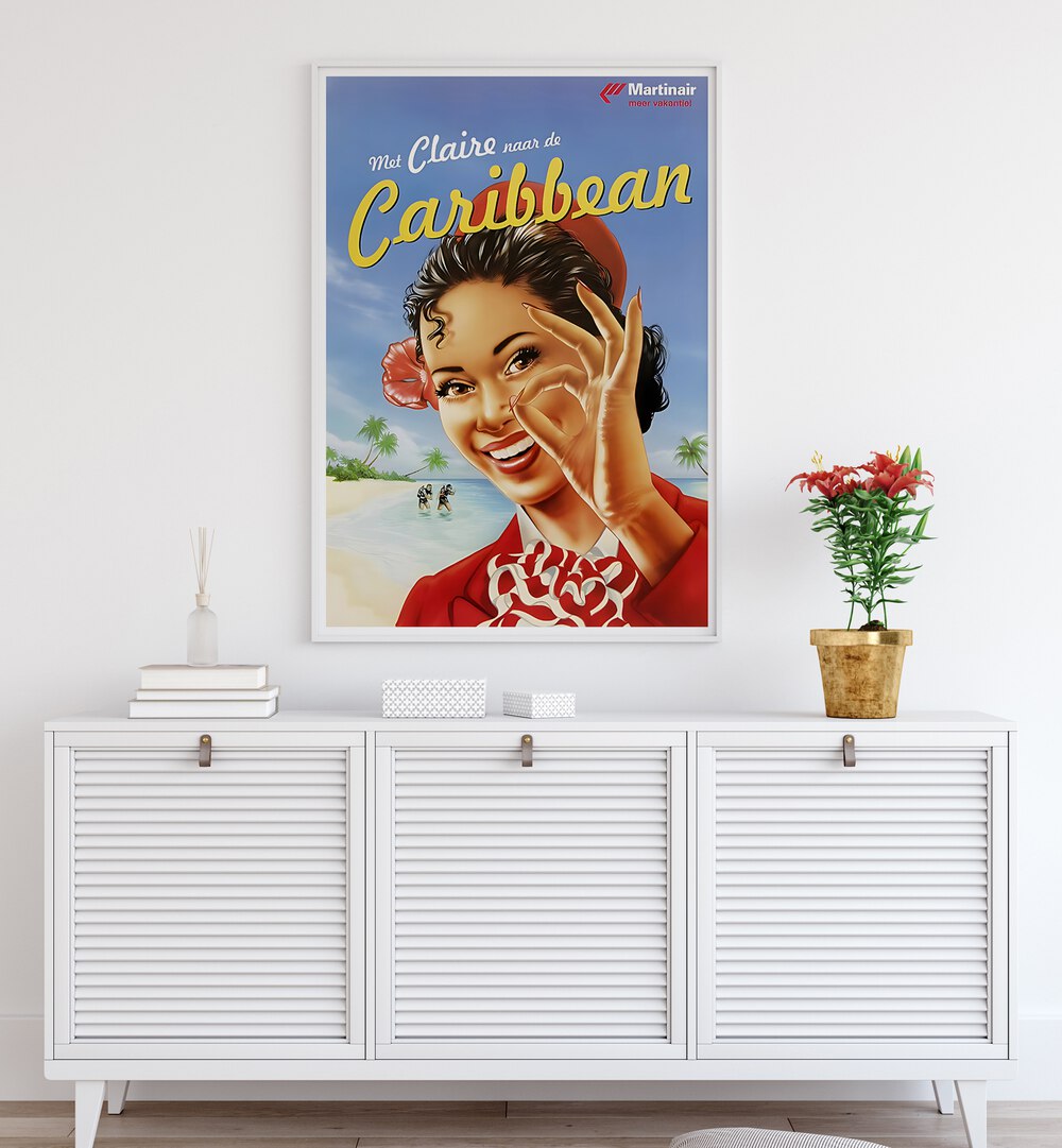 Elegant CARIBBEAN, VINTAGE TRAVEL POSTERS showcase a cheerful woman inviting you to tropical paradise bliss.