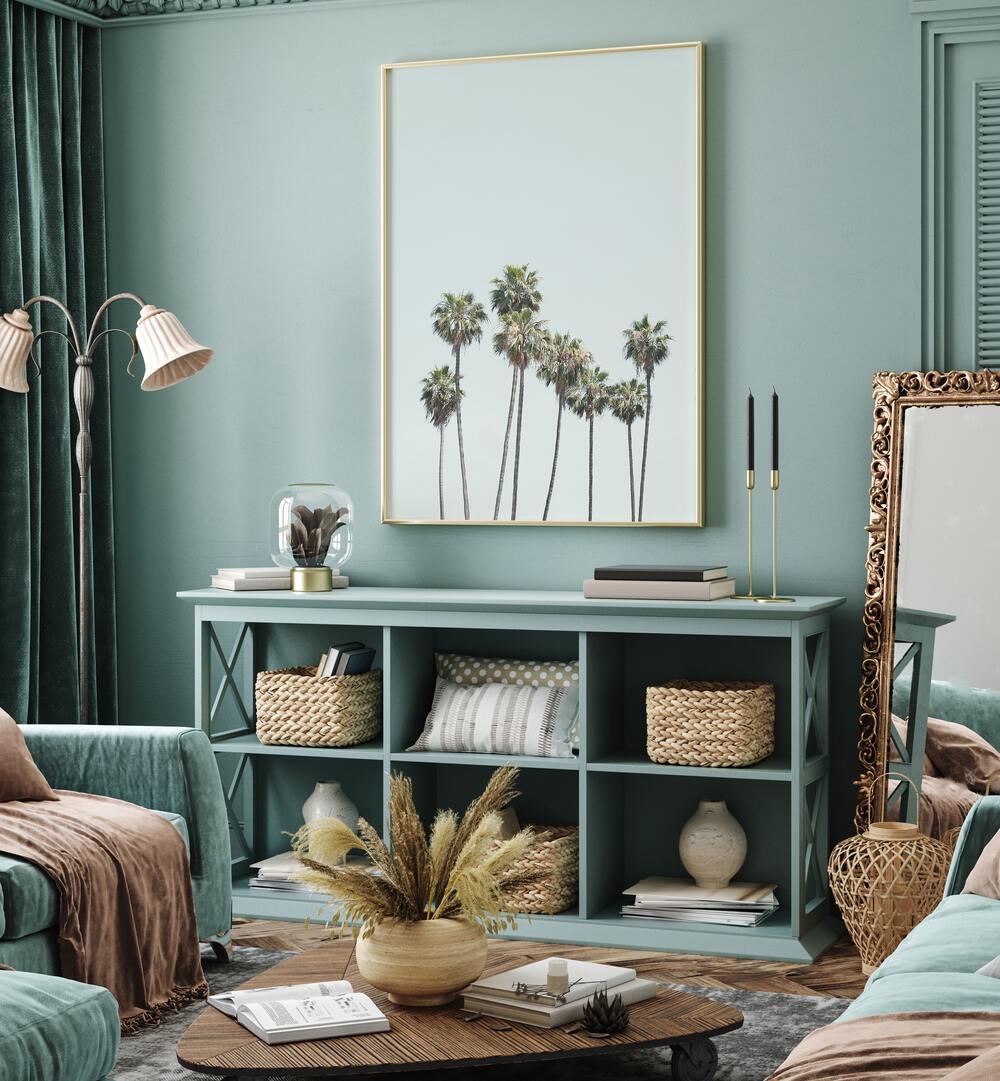 Stylish living room featuring BLUE PALM TREES, BEACH PAINTINGS for a tropical, elegant decor touch. Perfect for any space.
