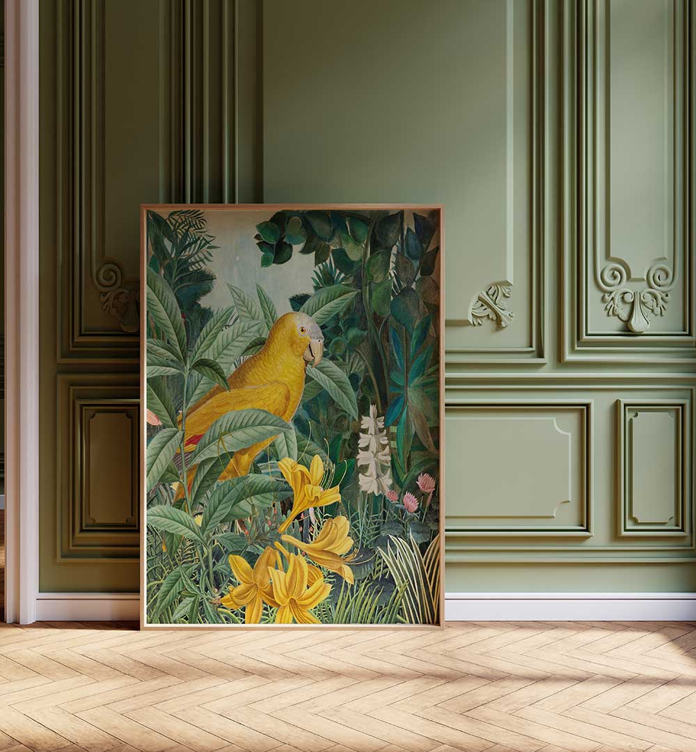 YELLOW PARROTS IN GREEN , ANIMAL PAINTINGS