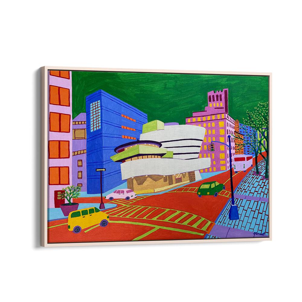 88th and 5th avenue landscape art prints in Oak Wood Floater Frame