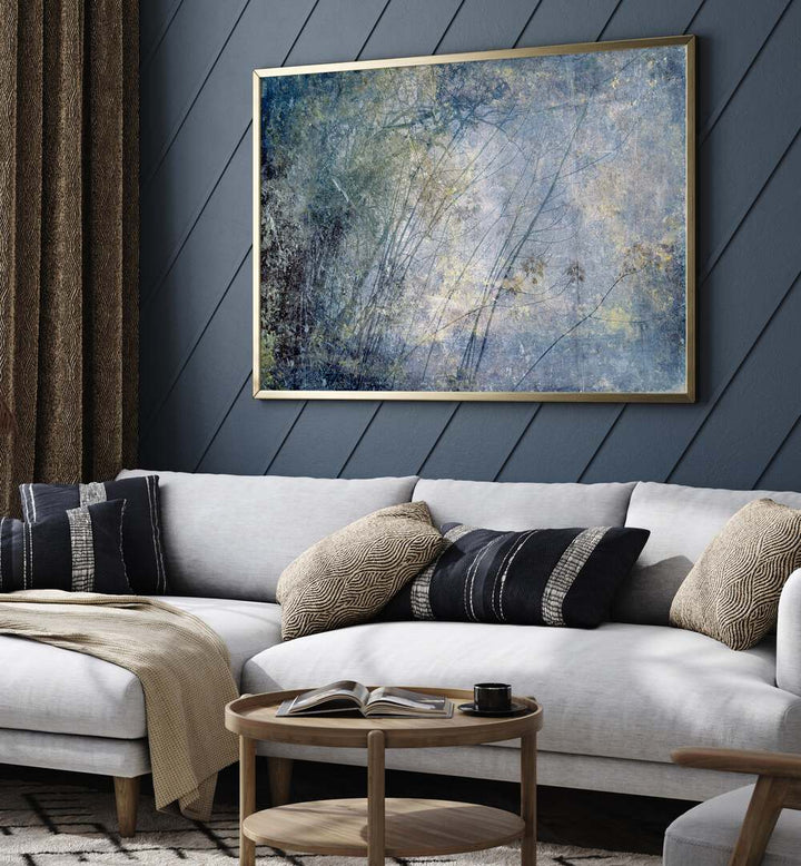 Elegant HIGH SIERRA I, ABSTRACT PAINTINGS displayed above a cozy sofa, enhancing the modern living room decor.