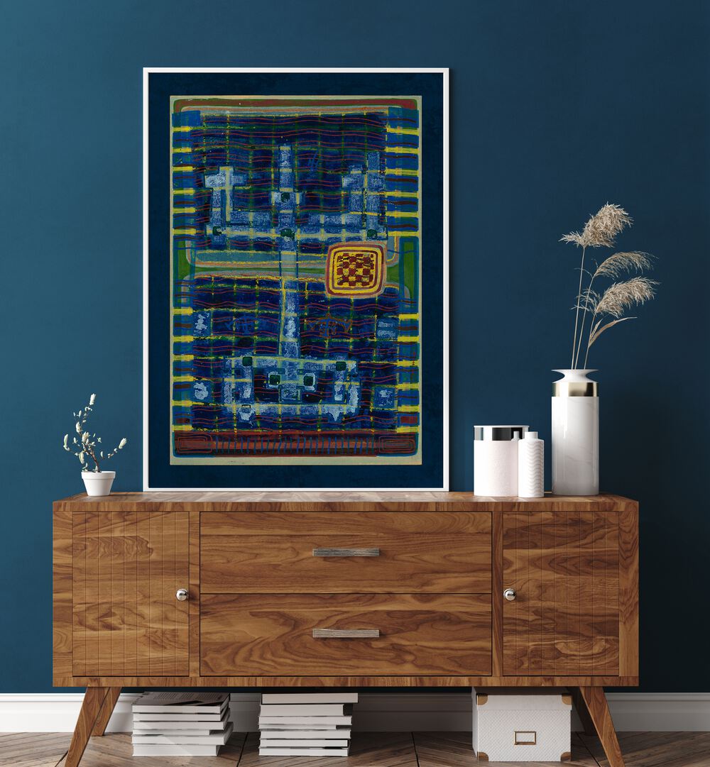 Vibrant SYMBOL BLAU, ABSTRACT PAINTINGS displayed on a stylish wood cabinet, enhancing modern home decor.