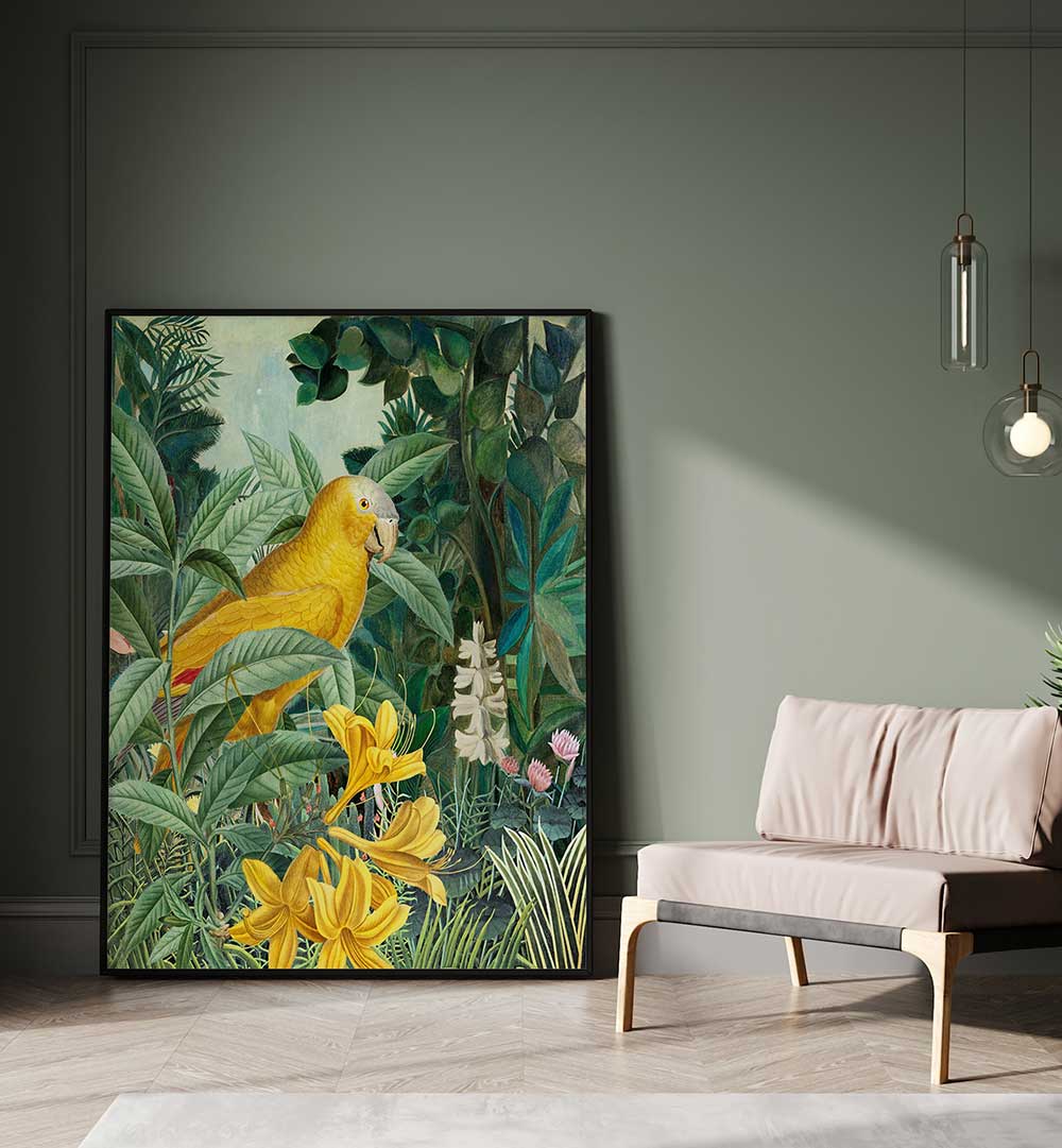 YELLOW PARROTS IN GREEN , ANIMAL PAINTINGS
