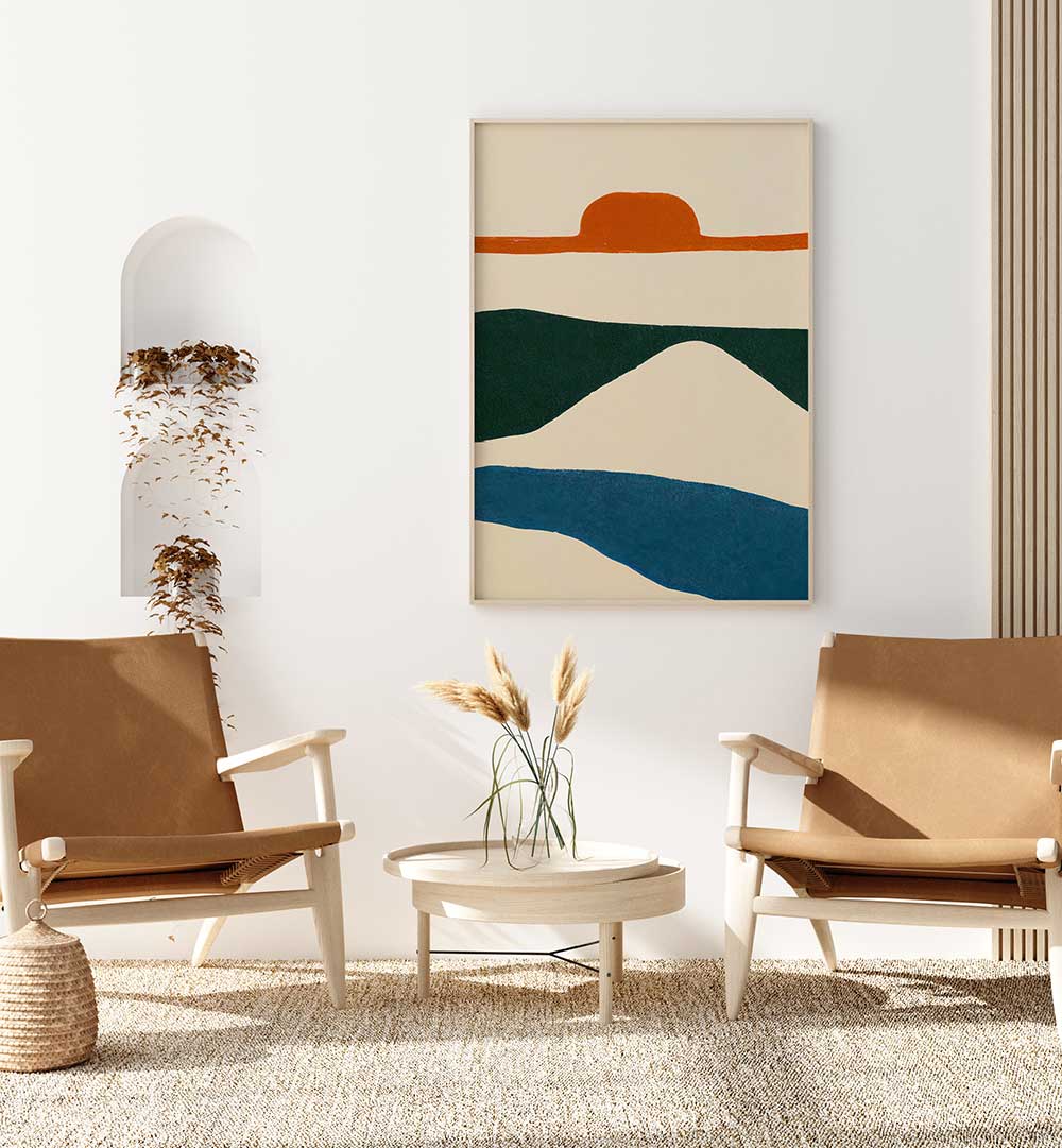 PUESTA DEL SOL , ABSTRACT PAINTINGS with earthy tones displayed in a minimalist living room by Artify Studio