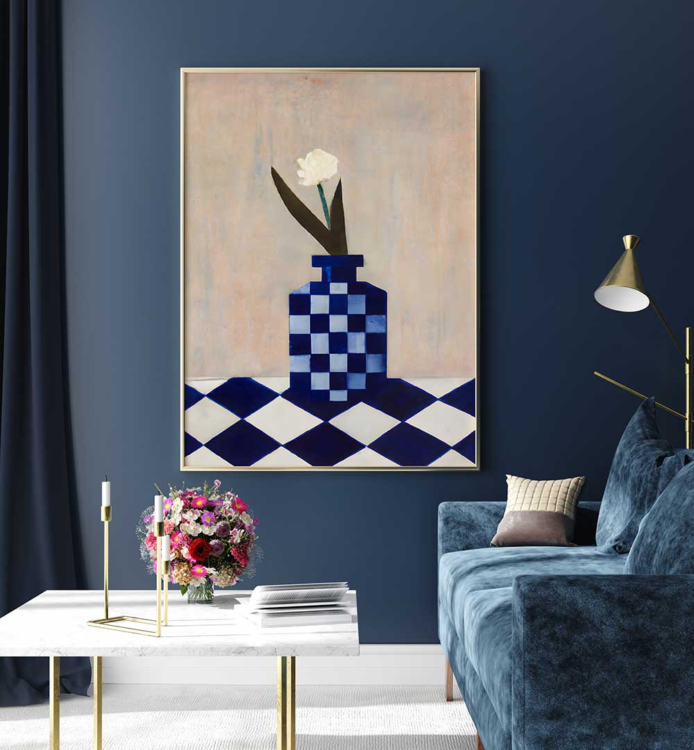 CHECK THE VASE , KITCHEN POSTERS showcasing a blue checkered vase with a white flower on a stylish kitchen wall decor