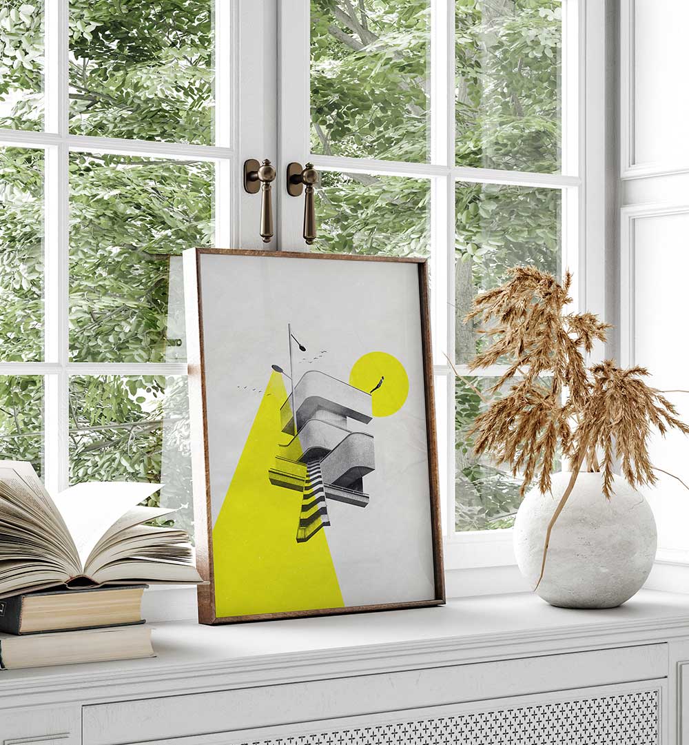 Stylish FIRST STEP, SURREAL ART PRINTS displayed by a window, enhancing modern decor with vibrant colors.